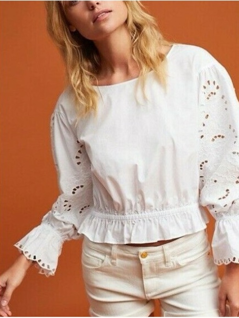 Anthropologie MAEVE White Eyelet Blouse w/ Elastic Waist & Cuffs